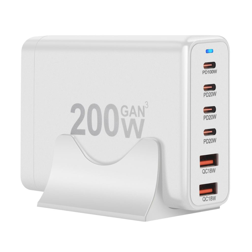 200W GaN 6-Port USB-C Charger with advanced GaN technology, featuring four USB-C PD ports and two USB-A QC 3.0 ports for ultra-fast and efficient multi-device charging. Compact and lightweight design suitable for home, office, and travel use.