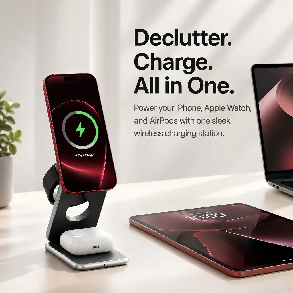Compact MagSafe travel charging station that folds flat for easy packing