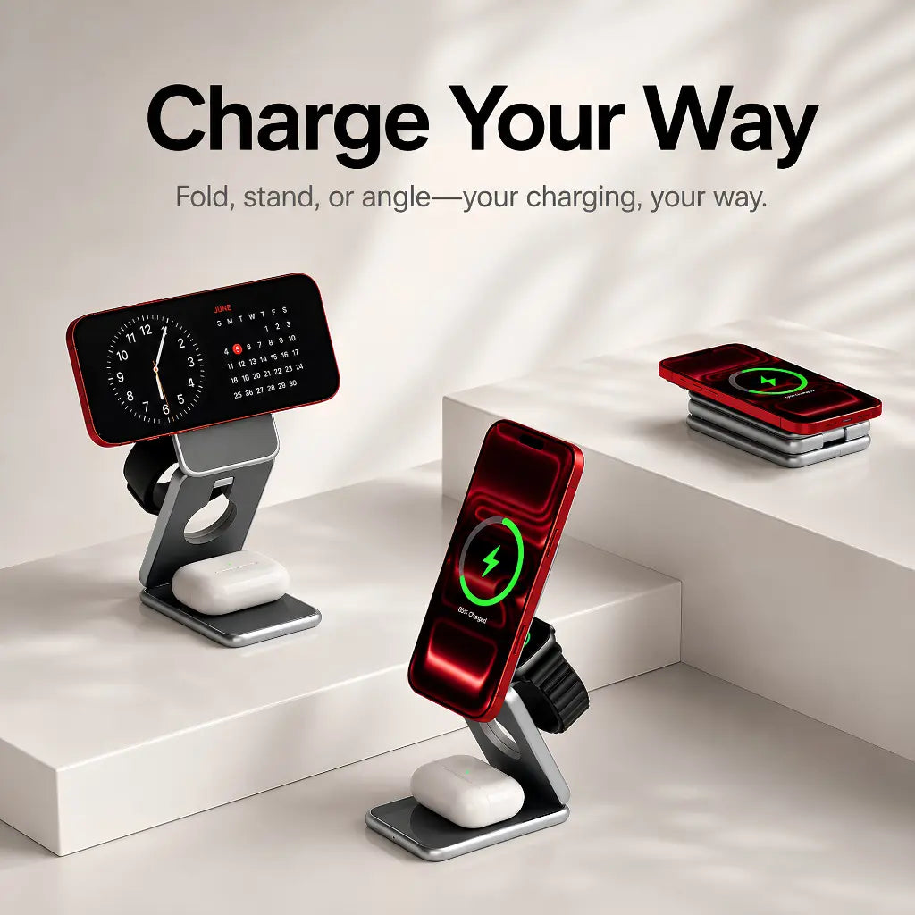 MagSafe travel charger powering iPhone, Apple Watch and AirPods together