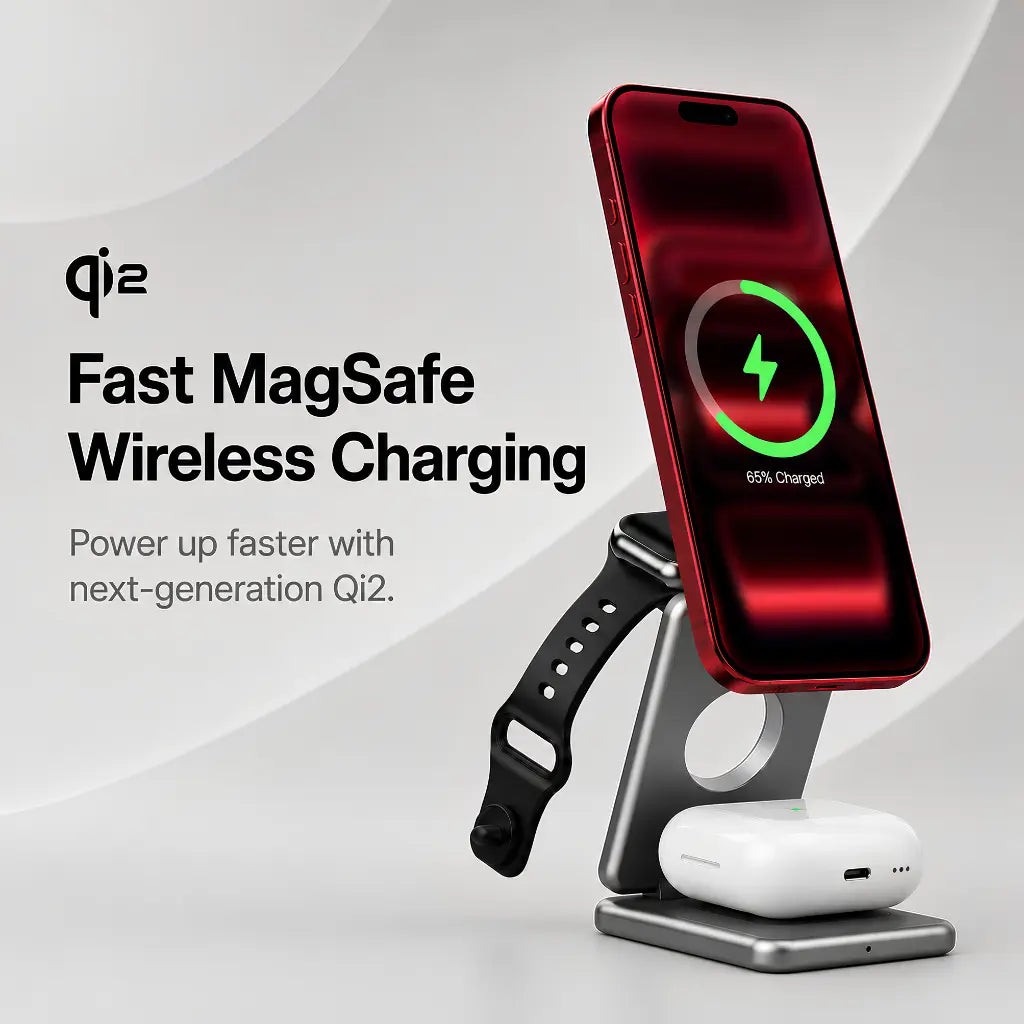 Foldable 3-in-1 Apple charger designed for compact travel charging