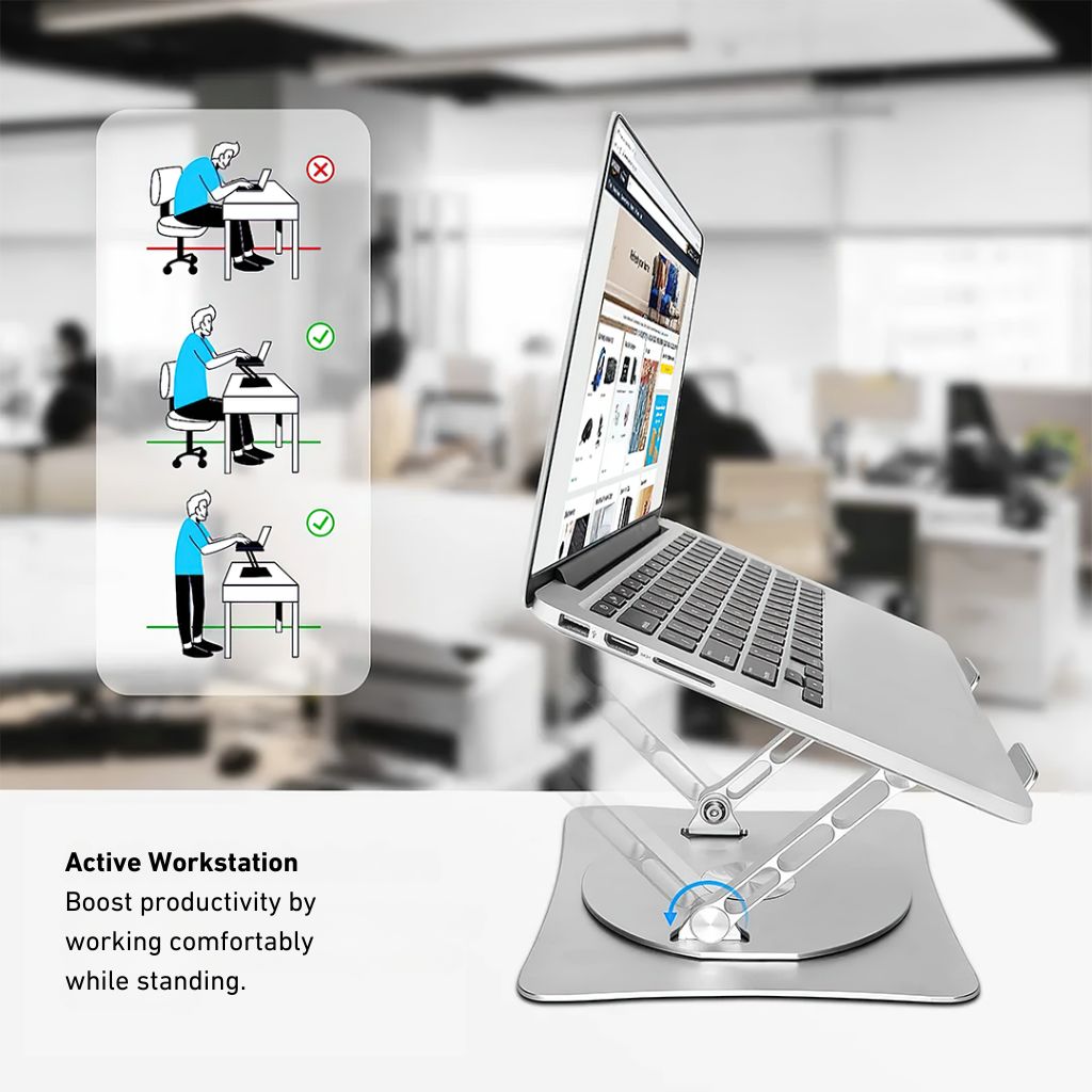 Laptop Stand with 360° swivel for laptops and tablets up to 17 inches. Features a foldable, ergonomic design, non-slip silicone pads for stability, and open structure for heat dissipation. Ideal for enhancing productivity and comfortable viewing angles.