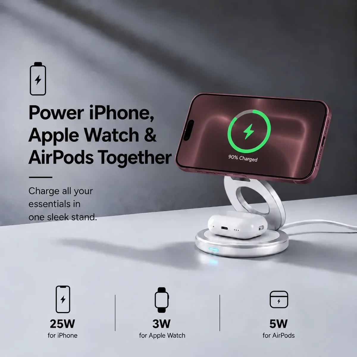 Arctic White rotating foldable wireless charger charging a Burgundy phone in landscape orientation with earbuds. #color_Arctic White