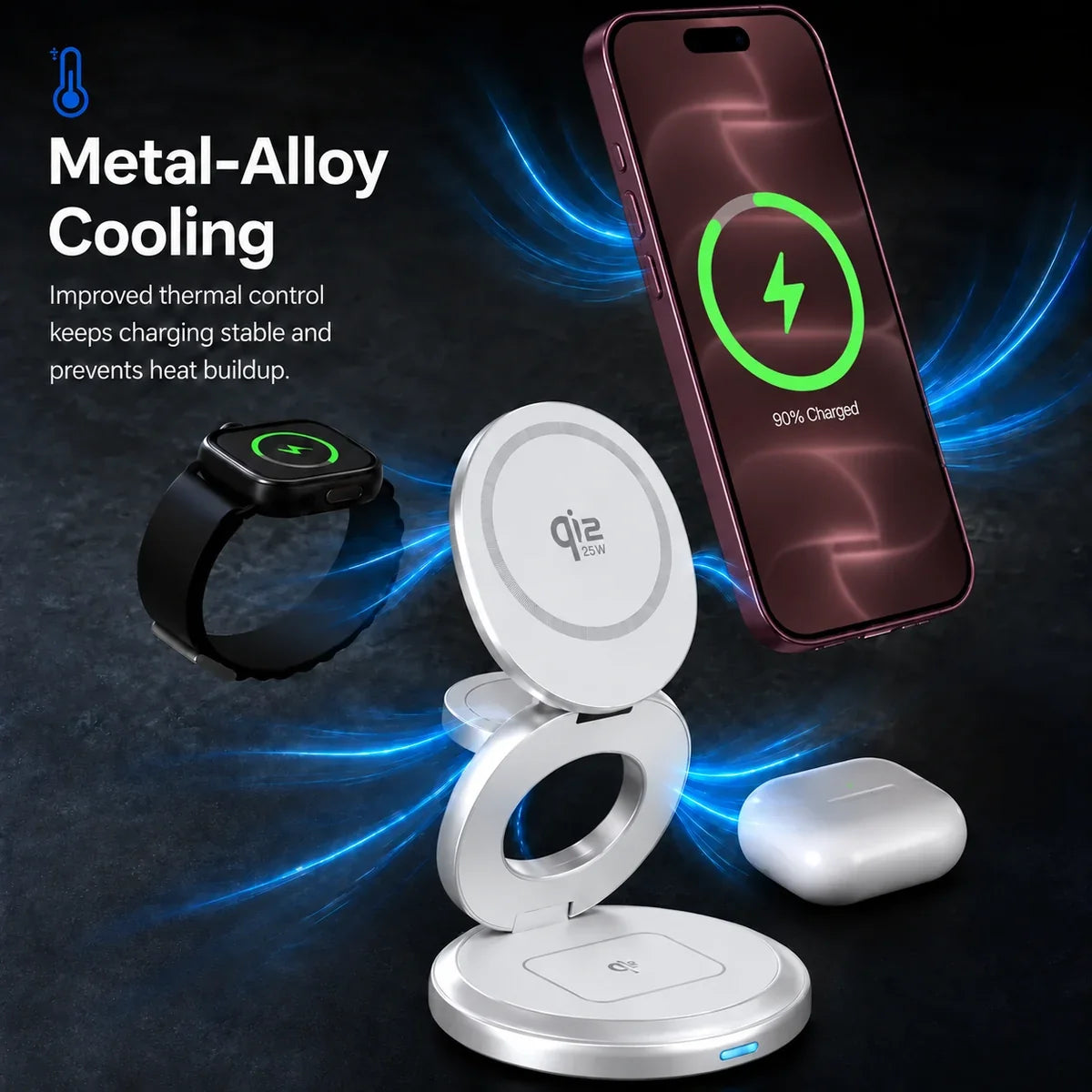 Arctic White rotating foldable wireless charger with Burgundy phone, watch and earbuds in a cooling illustration. #color_Arctic White