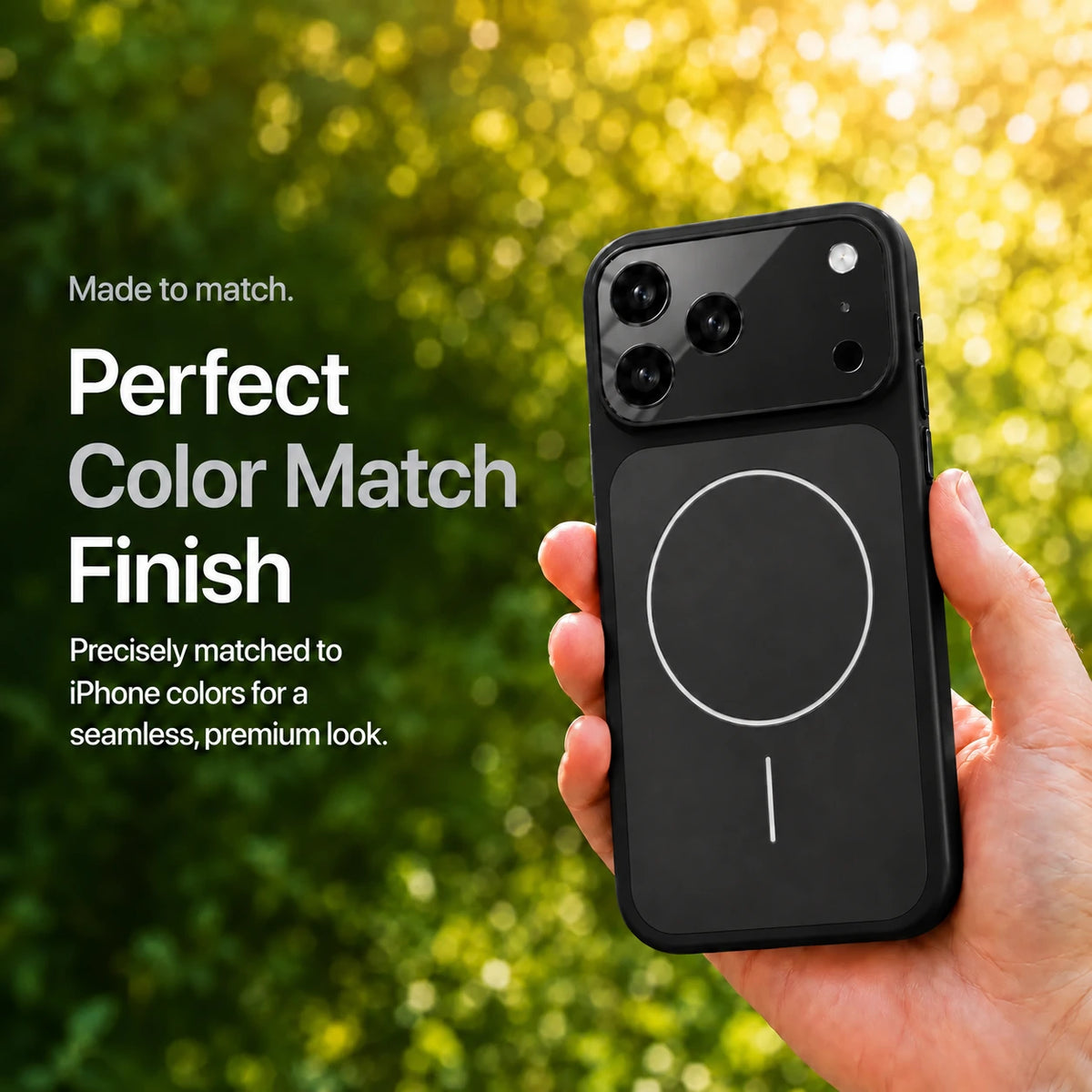 Black matte magnetic phone case held outdoors against sunlit green foliage #color_Midnight Black
