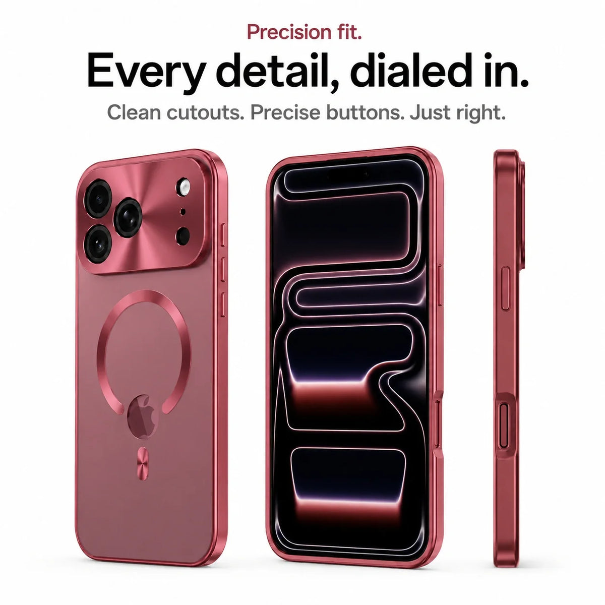 Burgundy metal frame phone case showing the front, back, side buttons and cutouts #color_Burgundy