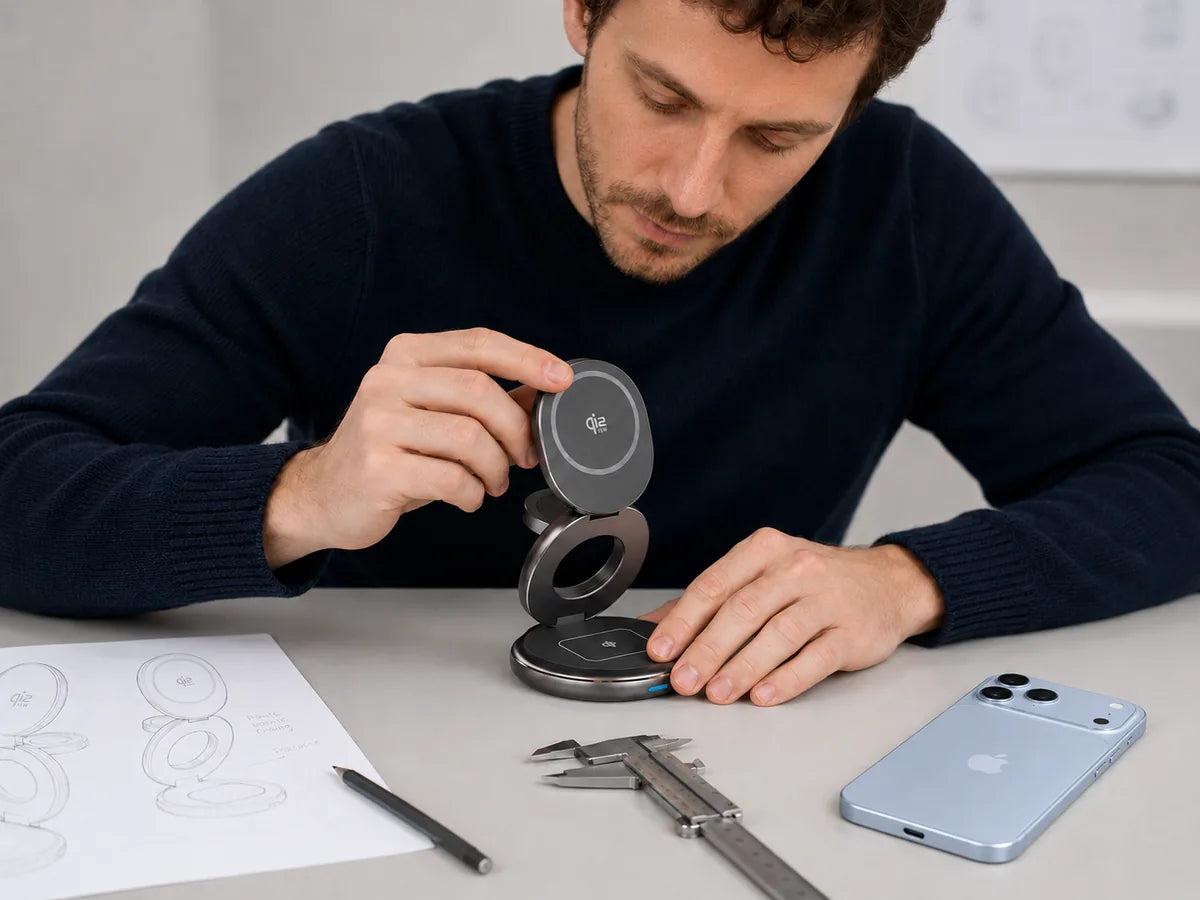 Person inspecting a foldable wireless charger beside a light blue phone and measuring tools.