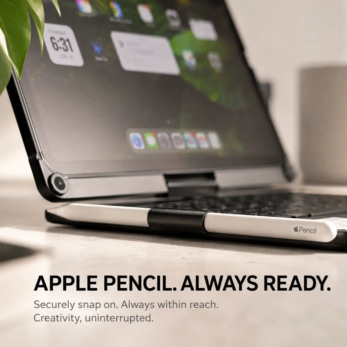 Midnight Black rotating tablet keyboard case with attached stylus #color_Midnight Black