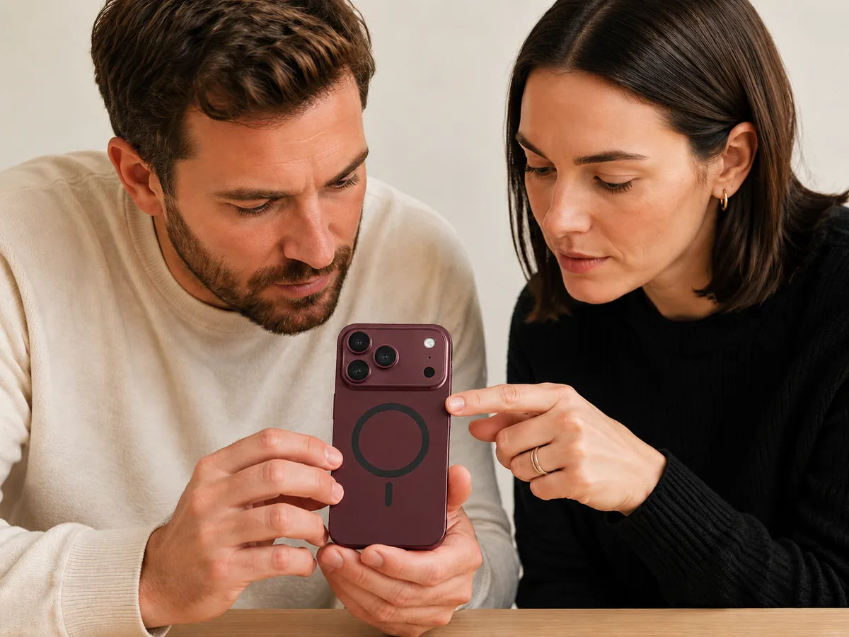 Two people inspecting a burgundy magnetic phone case with a black charging ring.