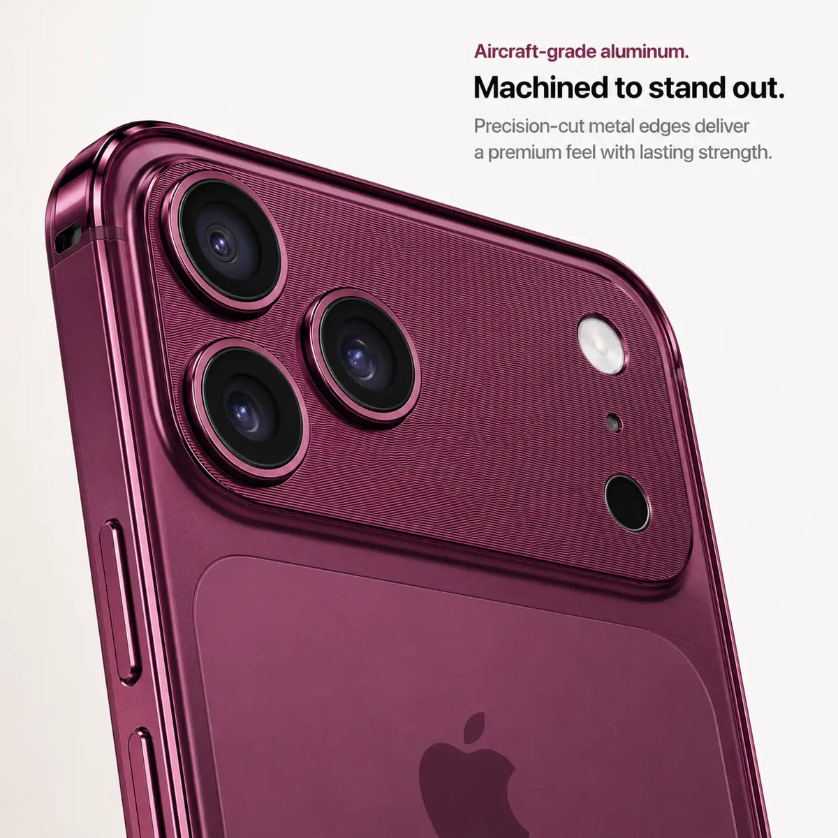 Burgundy aluminum bumper phone case in a close-up of its machined camera edge #color_Burgundy