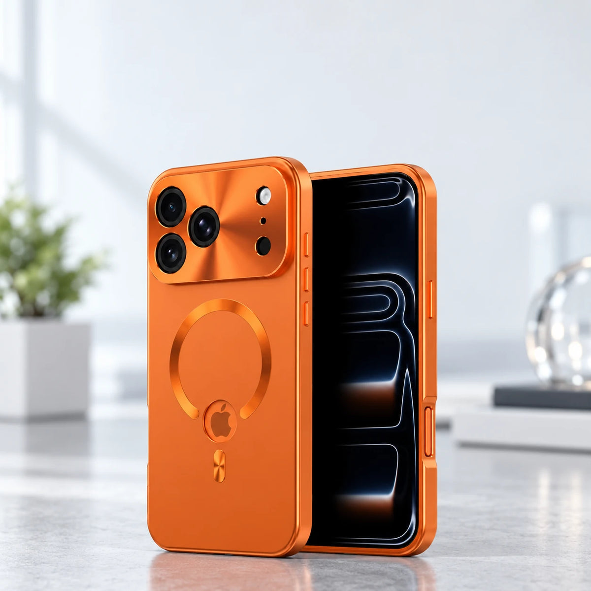 Front and rear views of an orange full-cover phone case with screen protection and a metal back.