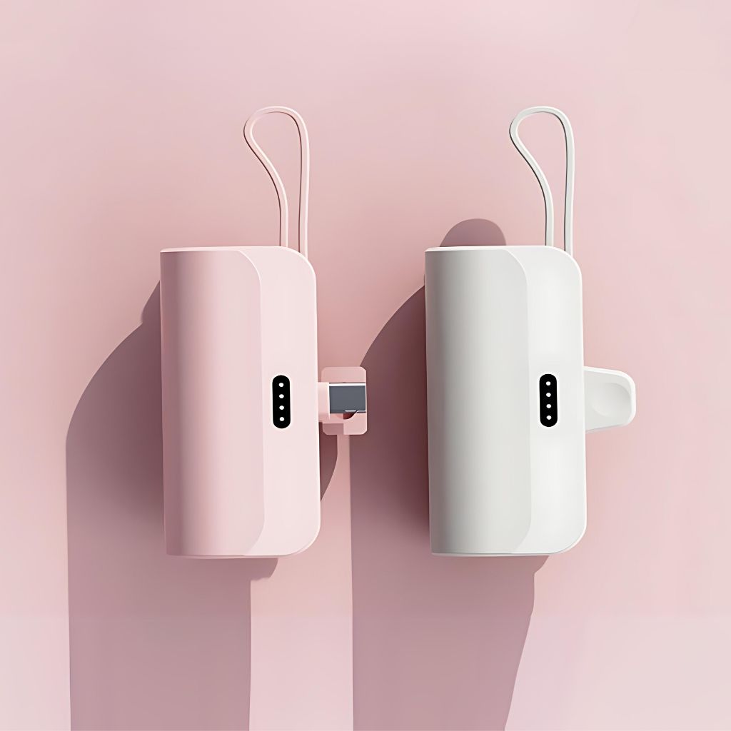 PowerBank Mini portable charger in multiple colors and capacities, compatible with USB-C and Lightning devices for Android and Apple, featuring a compact, lipstick-sized design with dual charging capability.