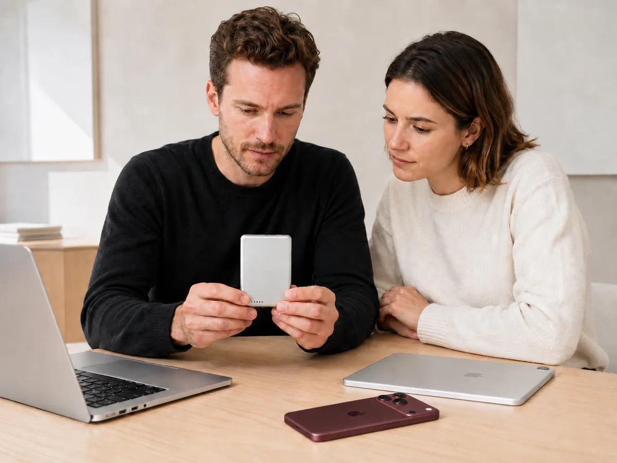 Two people inspecting a silver slim power bank at a desk with a burgundy phone.