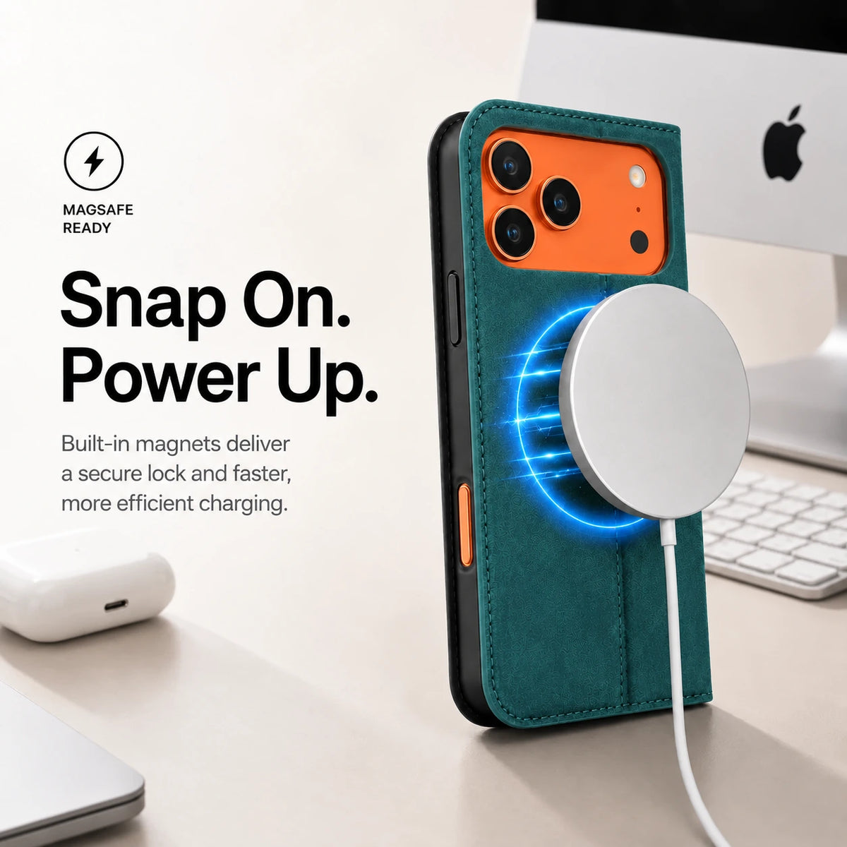 Teal leather folio phone case aligned with a white wireless charging puck #color_Arctic Green