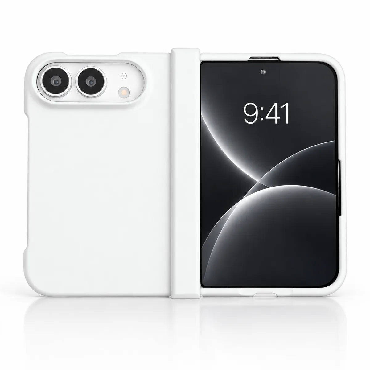 White matte case on a silver iPhone Ultra, showing the rear cover, matching outer display frame and hinge cover on white. #color_Porcelain White
